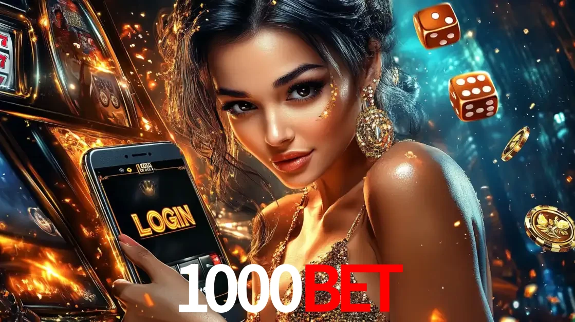 Mulher glamourosa segurando um celular com a tela de login do cassino 1000bet, rodeada por dados e moedas douradas, pronta para começar a diversão.
