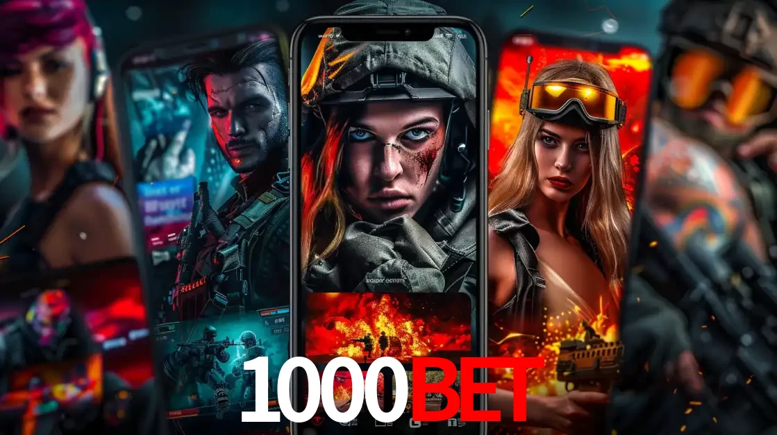 Montagem de telas de celular mostrando diversos personagens, masculinos e femininos, de um jogo de tiro, ilustrando a diversidade de equipes de e-sports para apostar no 1000bet.