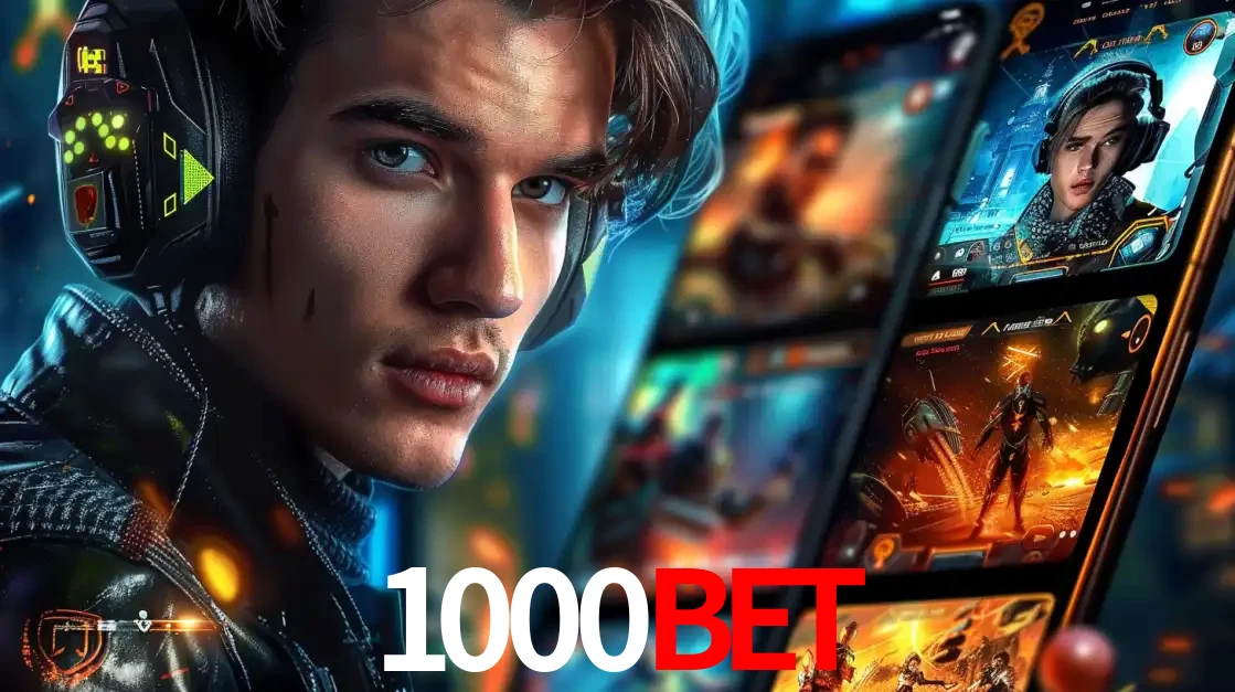 Jovem jogador com fones de ouvido olhando para a câmera, com um aplicativo de jogos e e-sports para celular ao fundo, pronto para a competição e apostas no 1000bet.