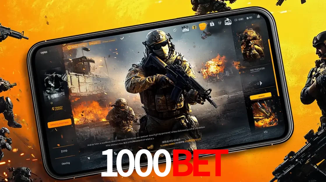 Um smartphone exibindo a interface de um jogo de tiro em primeira pessoa, com um soldado em um cenário de batalha, representando a ação dos e-sports para apostar no 1000bet.
