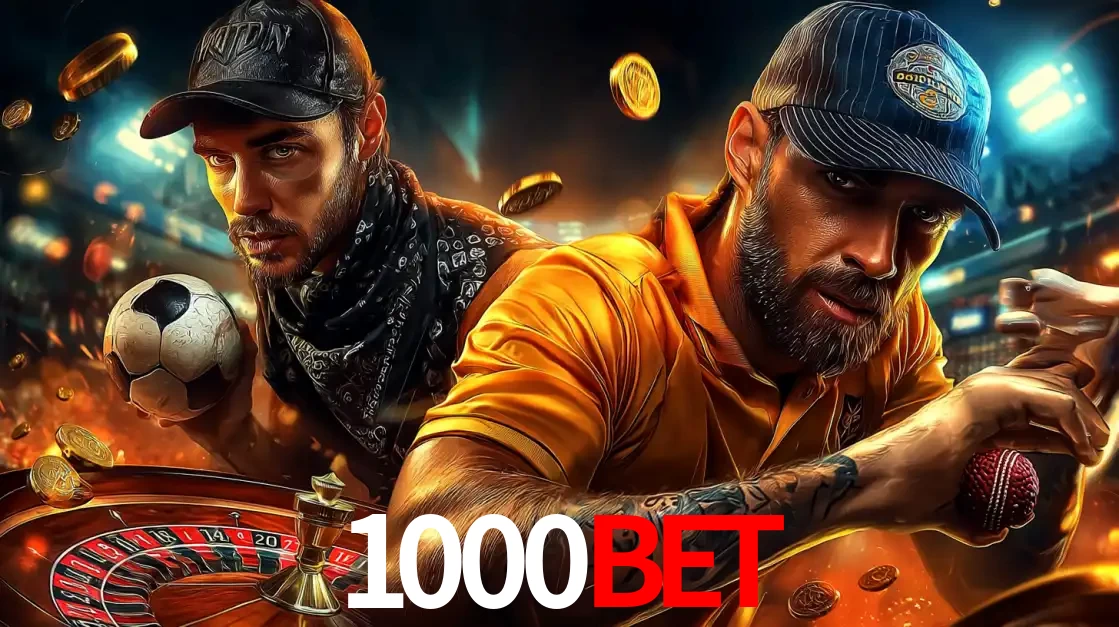 Montagem de apostas esportivas e cassino no 1000bet, com um homem segurando uma bola de futebol e outro uma de beisebol sobre uma roleta e moedas voadoras.