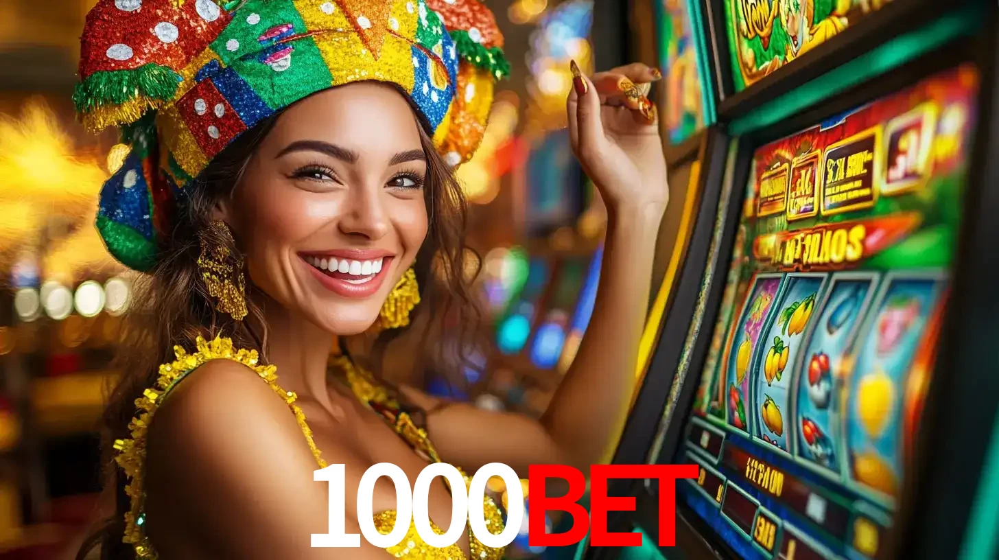 Mulher feliz com traje de carnaval amarelo e colorido ao lado de uma máquina de caça-níqueis, aproveitando a diversão e os jogos temáticos do cassino 1000bet.