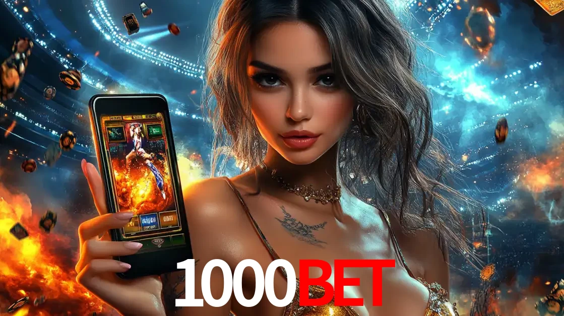 Mulher segurando um celular com um jogo de slot em destaque, tendo como fundo um estádio vibrante, simbolizando a emoção de jogar no cassino móvel 1000bet.